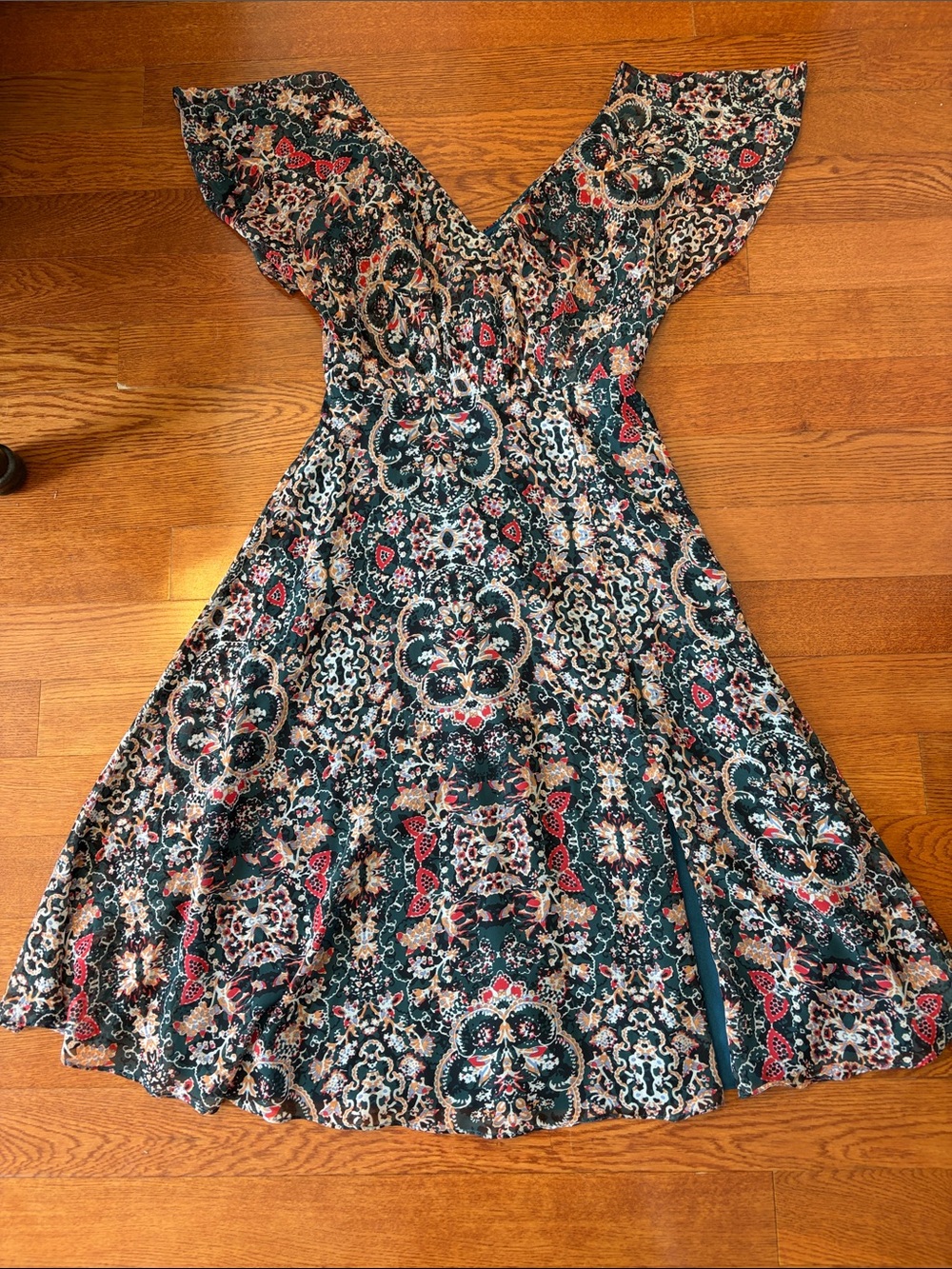 Lulu's Teal & Cream Floral Paisley Midi Dress size XS Wedding Guest Garden Party